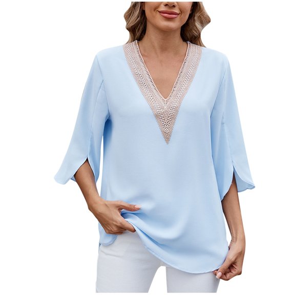 Fesfesfes Women's V-Neck Knit Sweater Comfy Long Sleeve Ribbed Cuffs V-Neck Blouses with Buttons Solid Color Trendy Tops for Daily Wear(Light Blue#1,M)