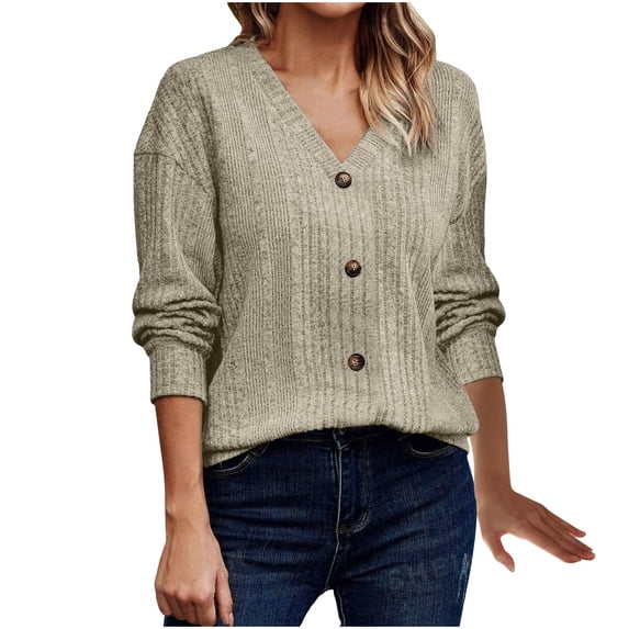 Fesfesfes Women's V-Neck Knit Sweater Comfy Long Sleeve Ribbed Cuffs V-Neck Blouses with Buttons Solid Color Trendy Tops for Daily Wear(Khaki,XL)