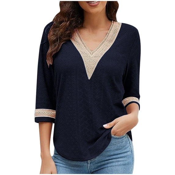 Fesfesfes Women's V-Neck Knit Sweater Comfy Long Sleeve Ribbed Cuffs V-Neck Blouses with Buttons Solid Color Trendy Tops for Daily Wear(Navy#3,XL)