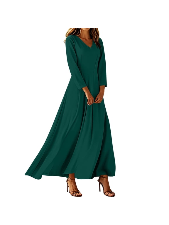 Women's V Neck Long Sleeve Maxi Dress A Line Flowy Formal Wedding Guest Cocktail Party Dress for Fall Winter Special Occasion Elegant
