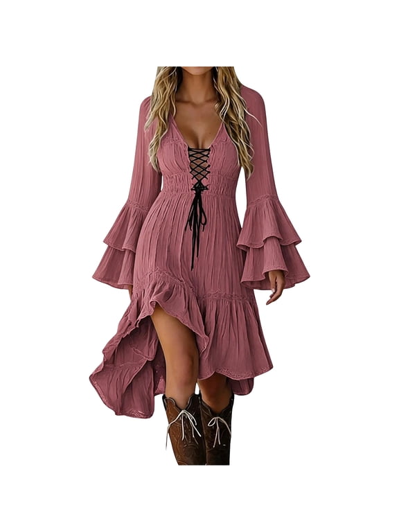 Women's V Neck Long Sleeve Ruffle Hem Dress Lace Up Front Bell Sleeve High Low Casual Tunic for Fall Winter Daily Wear Cozy