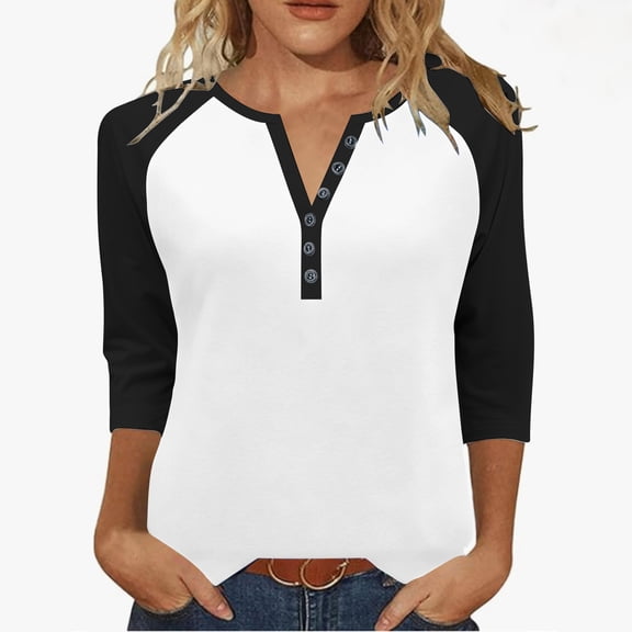 Fesfesfes Women's V-Neck Three Quarter Sleeve T-Shirts Raglan Styles Loose Styles Button Details Tops Casual Wear Fall Daily Routines(Black#4,3XL)