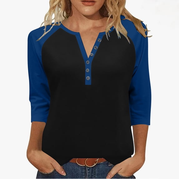 Fesfesfes Women's V-Neck Three Quarter Sleeve T-Shirts Raglan Styles Loose Styles Button Details Tops Casual Wear Fall Daily Routines(Blue#3,3XL)