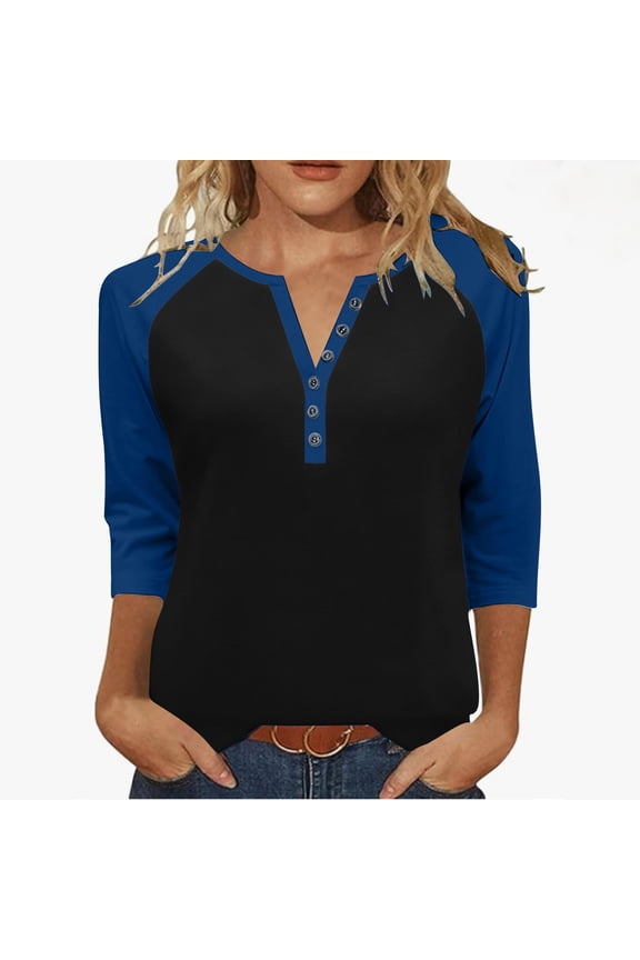Women's V-Neck Three Quarter Sleeve T-Shirts Raglan Styles Loose Styles Button Details Tops Casual Wear Fall Daily Routines(Blue#3,L)