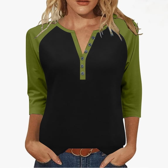 Fesfesfes Women's V-Neck Three Quarter Sleeve T-Shirts Raglan Styles Loose Styles Button Details Tops Casual Wear Fall Daily Routines(Green#3,2XL)