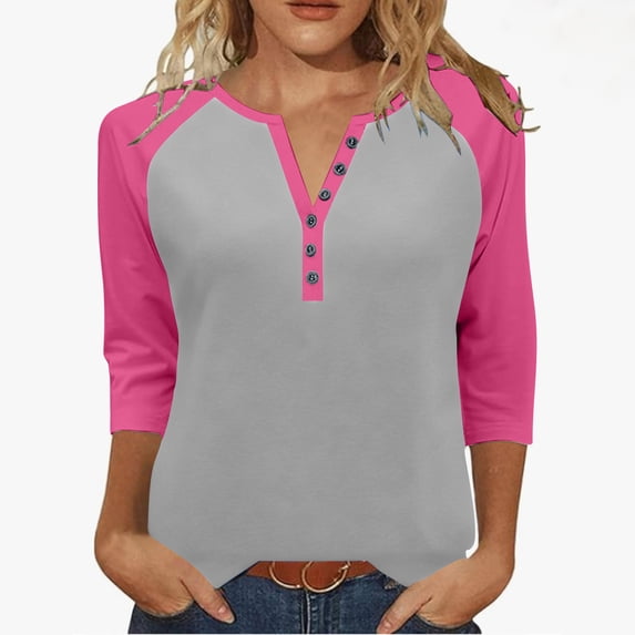 Fesfesfes Women's V-Neck Three Quarter Sleeve T-Shirts Raglan Styles Loose Styles Button Details Tops Casual Wear Fall Daily Routines(Hot Pink#2,2XL)