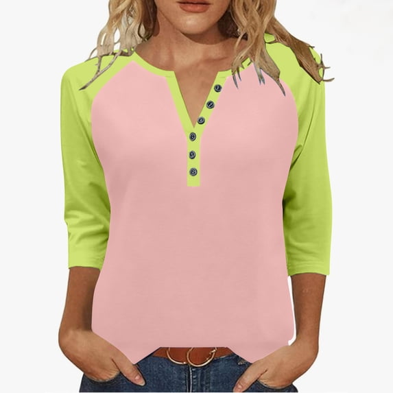 Fesfesfes Women's V-Neck Three Quarter Sleeve T-Shirts Raglan Styles Loose Styles Button Details Tops Casual Wear Fall Daily Routines(Pink,L)