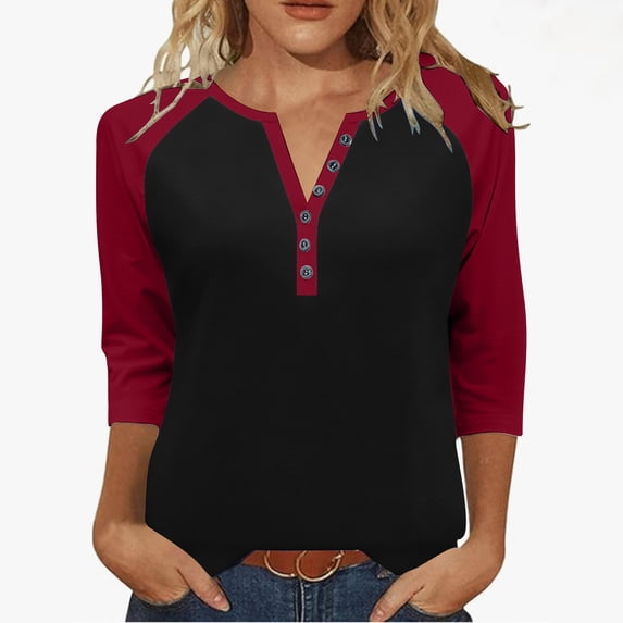 Fesfesfes Women's V-Neck Three Quarter Sleeve T-Shirts Raglan Styles Loose Styles Button Details Tops Casual Wear Fall Daily Routines(Red#3,L)