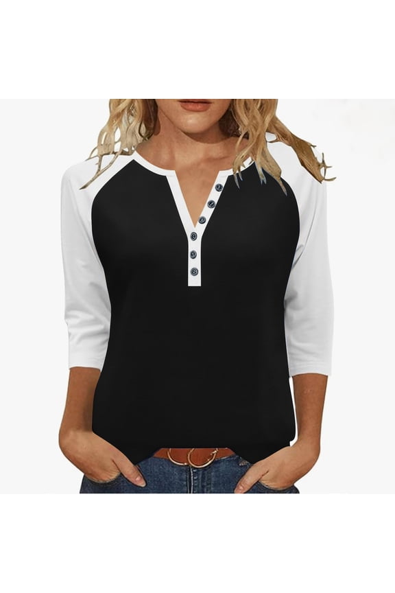 Women's V-Neck Three Quarter Sleeve T-Shirts Raglan Styles Loose Styles Button Details Tops Casual Wear Fall Daily Routines(White#3,XL)