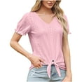 thumbnail image 1 of Fesfesfes Women's V-Neck Tops New Eyelet Embroidered Short Ruffle Sleeve T-shirt Breathable Fabric Casual Loose Front Tie Hem Tee, 1 of 7