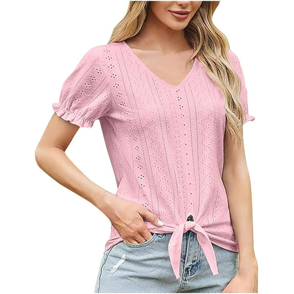 Fesfesfes Women's V-Neck Tops New Eyelet Embroidered Short Ruffle Sleeve T-shirt Breathable Fabric Casual Loose Front Tie Hem Tee