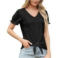 thumbnail image 1 of Fesfesfes Women's V-Neck Tops New Eyelet Embroidered Short Ruffle Sleeve T-shirt Breathable Fabric Casual Loose Front Tie Hem Tee, 1 of 7