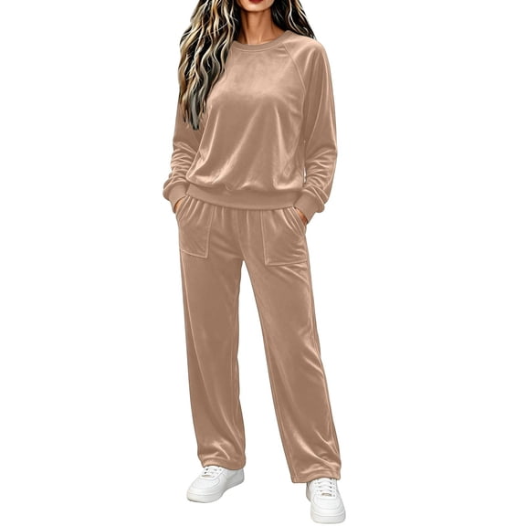 Fesfesfes Women's Velour Two Piece Set Long Sleeve V Neck Top and Wide Leg Pants with Pockets Solid Color Fall Winter Daily Wear Cozy Soft