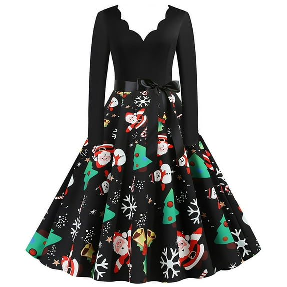 Fesfesfes Women's Vintage Print Long Sleeve V-Neck Dress Christmas Evening Party Dress