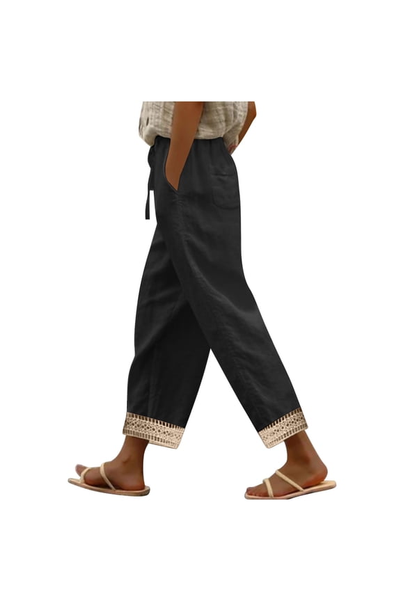 Women's Wide-Leg Cropped Pants Solid Color Elastic Loose Rolled Cuff Hem Trousers with Pockets Lightweight Comfy Sweatpants(Black#1,M)