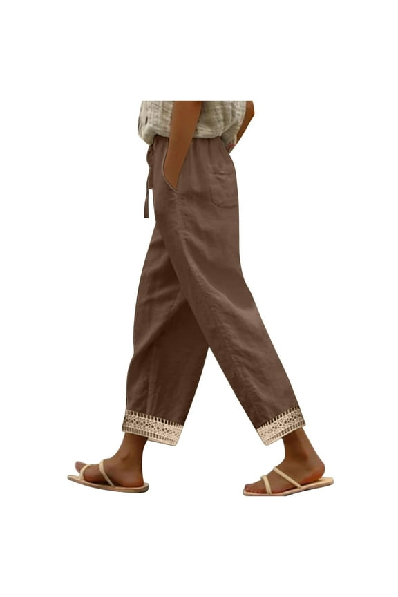Women's Wide-Leg Cropped Pants Solid Color Elastic Loose Rolled Cuff Hem Trousers with Pockets Lightweight Comfy Sweatpants(Brown#1,M)