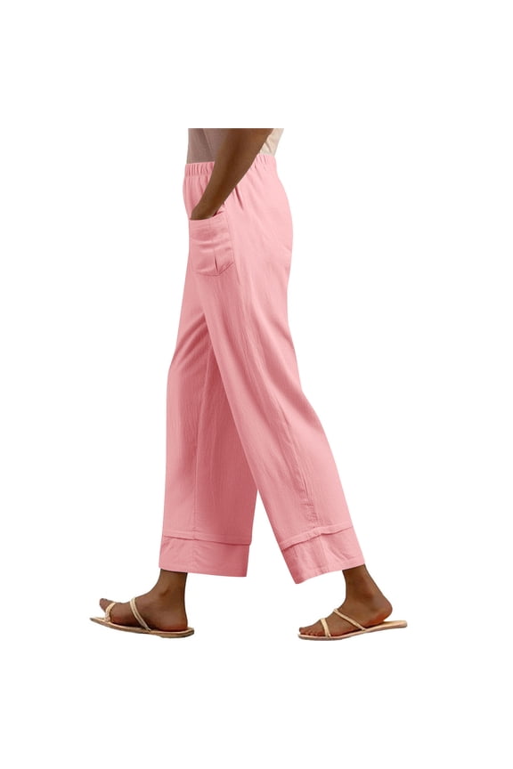 Women's Wide-Leg Cropped Pants Solid Color Elastic Loose Rolled Cuff Hem Trousers with Pockets Lightweight Comfy Sweatpants(Pink,XL)