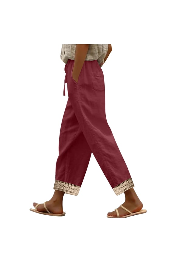 Women's Wide-Leg Cropped Pants Solid Color Elastic Loose Rolled Cuff Hem Trousers with Pockets Lightweight Comfy Sweatpants(Red#1,S)