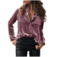 thumbnail image 1 of Fesfesfes Women's Winter Blouse Velvet Long Sleeve Button Pocket Casual Shirt Top, 1 of 4