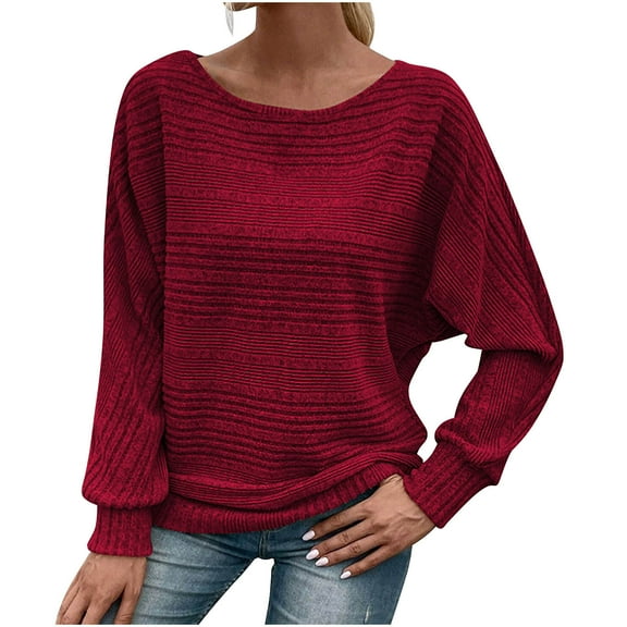 Fesfesfes Women's Winter Solid Color Blouses Long Sleeve Classic Crew-Neck Spliced Pullover T-Shirt Fall Loose Comfy Homewear Tee(Wine,2XL)