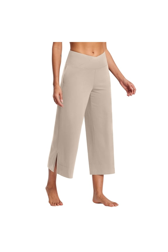 Women's Yoga Cropped Wide-Leg Pants Oversized Drying Tight Elastic Comfortable Fitness Trousers with Pockets Side Slits(Beige,S)