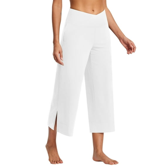 Fesfesfes Women's Yoga Cropped Wide-Leg Pants Oversized Drying Tight Elastic Comfortable Fitness Trousers with Pockets Side Slits(White,XL)