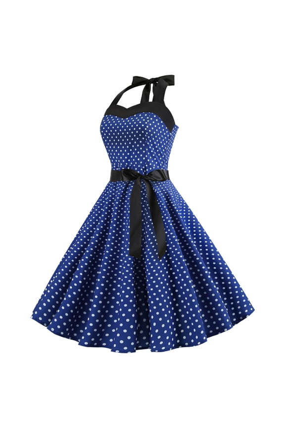 Womens A Line Flare Dress Vintage Casual Dress Halter BowKnot Prom Swing Dress Short Sleeve Polka Dot Printing Party Dress