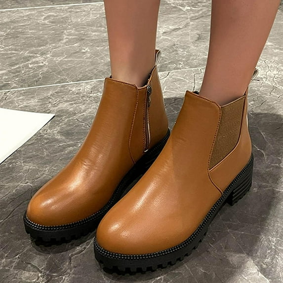 Fesfesfes Womens Ankle Boots Round Toe Zipper Comfy Casual Shoes Solid Comfortable Middle Heeled Short Shoes 4.5(35)