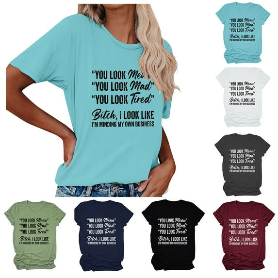 Fesfesfes Womens Basic Tee Womens Short Sleeve Casual Print T-shirt Round Neck Print Tops Womens Short Sleeve Tee Shirt M(US:6)