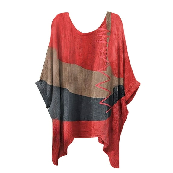 Fesfesfes Womens Basic Tops Women's Summer Fashion Cropped Sleeves Round Neck Irregular Hem Printed Tops Womens Running Top Short Sleeve 12(XXL)