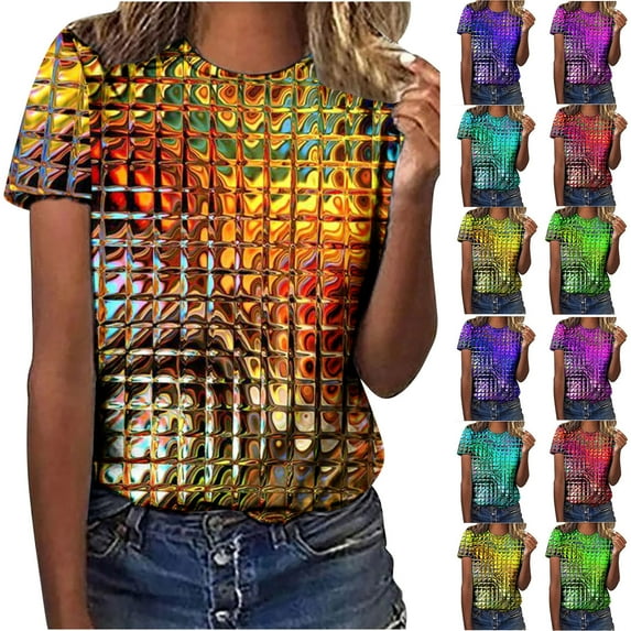 Fesfesfes Womens Basics Top Women Funny Printed Geometric Dazzling Casual Fashion Short Sleeve Tops Blouse Gym Clothes for Women S(US:4)