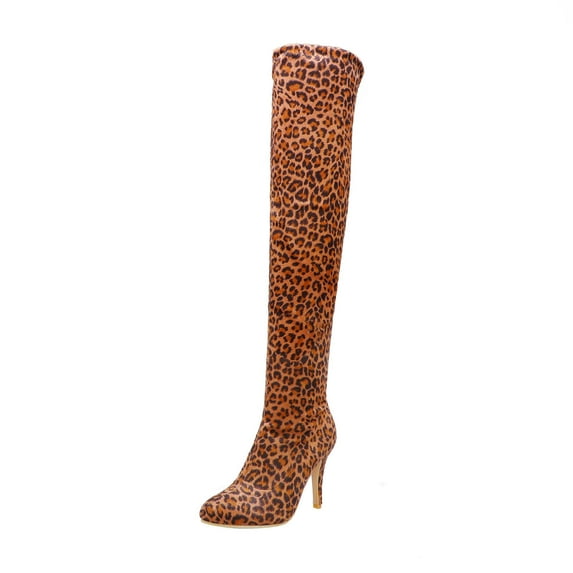 Fesfesfes Womens Boot Leopard Print Pointed Toe Slim And Warm Super High Heel Over-the-knee US:4.5(35)