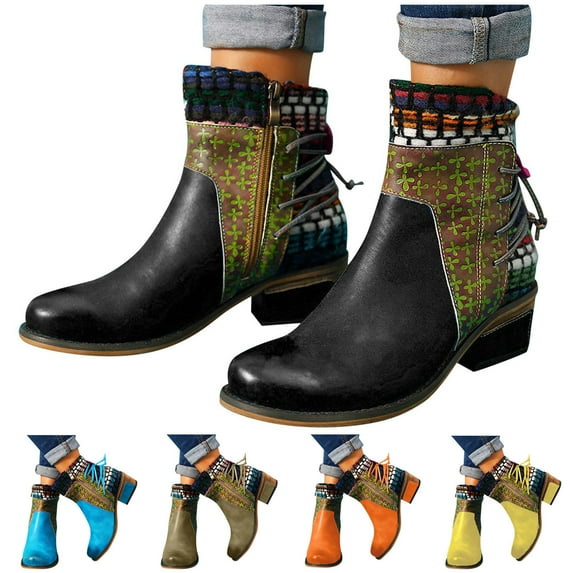 Fesfesfes Womens Boot Vintage Splicing Round Toe Heel Boots Thick Heel Short Shoes 7.5(40)