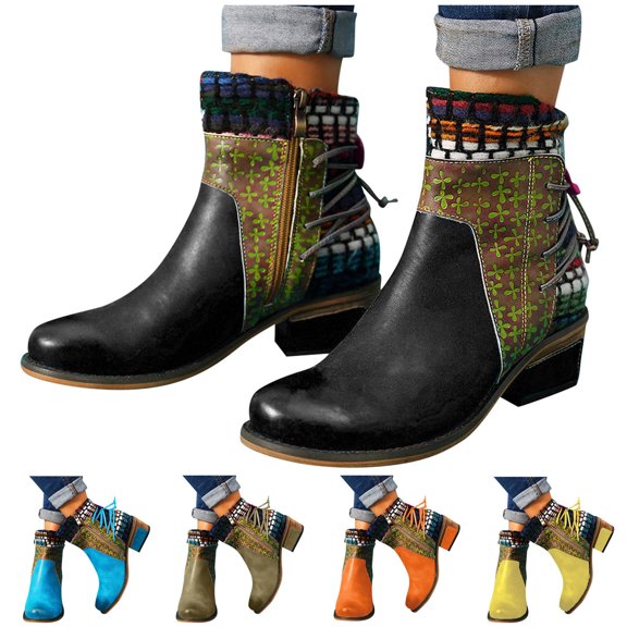 Fesfesfes Womens Boot Vintage Splicing Round Toe Heel Boots Thick Heel Short Shoes 7.5(40)