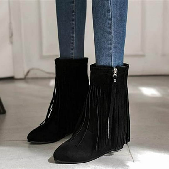 Fesfesfes Womens Boots Ankle Fashion Solid Boots Pointed Tassels Flat Heel Boots Shoes 6(37)