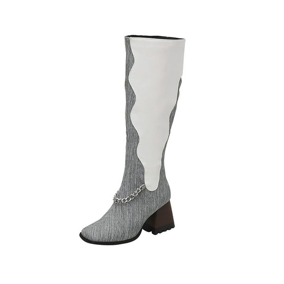 Fesfesfes Womens Boots Ankle Oversized Fall/Winter Velvet Lining Color Matching Rectangle Toe Thick High Heels Long Chain Boots US:4.5(35)