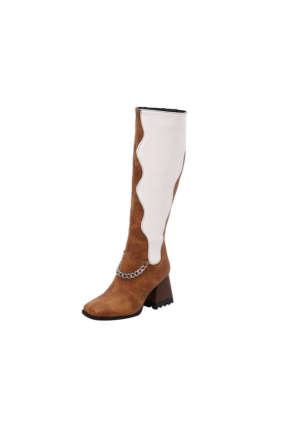 Womens Boots Ankle Oversized Fall/Winter Velvet Lining Color Matching Rectangle Toe Thick High Heels Long Chain Boots US:9.5(43)