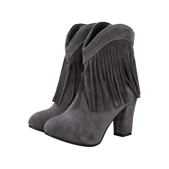 Fesfesfes Womens Boots Ankle Retro Shoes Casual Fashion Solid Color Fringed Suede High Heel 4.5(35)