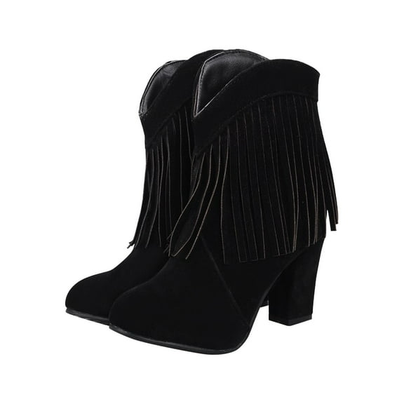 Fesfesfes Womens Boots Ankle Retro Shoes Casual Fashion Solid Color Fringed Suede High Heel 6(37)