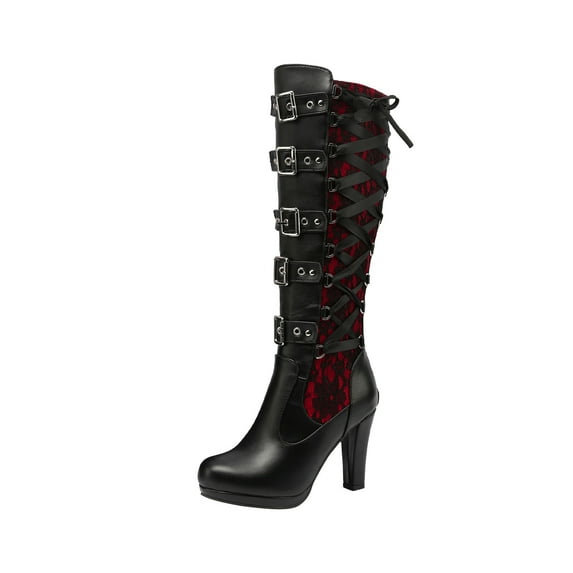 Fesfesfes Womens Boots Fashion Cosplay Tied Synthetic Kneeth Platform Gothic Bows Shoes US:6(37)