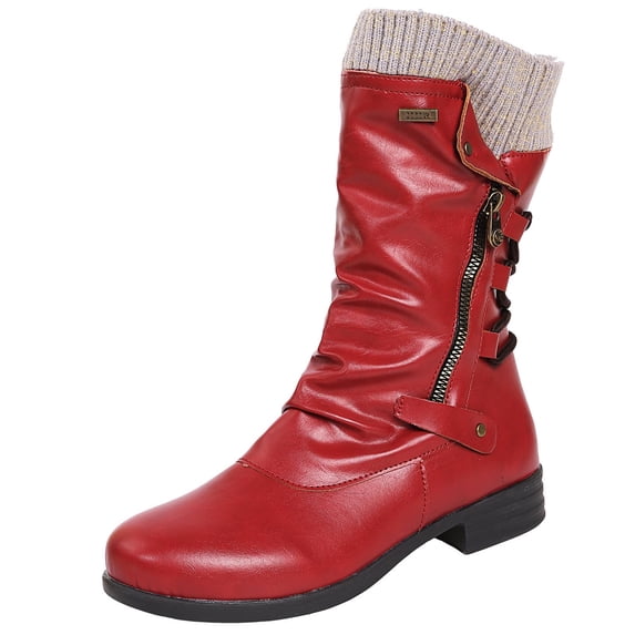 Fesfesfes Womens Boots Vintage Winter Zipper Mid-Calf Lace Up Slip On Retro Ladies Shoes 9(42)