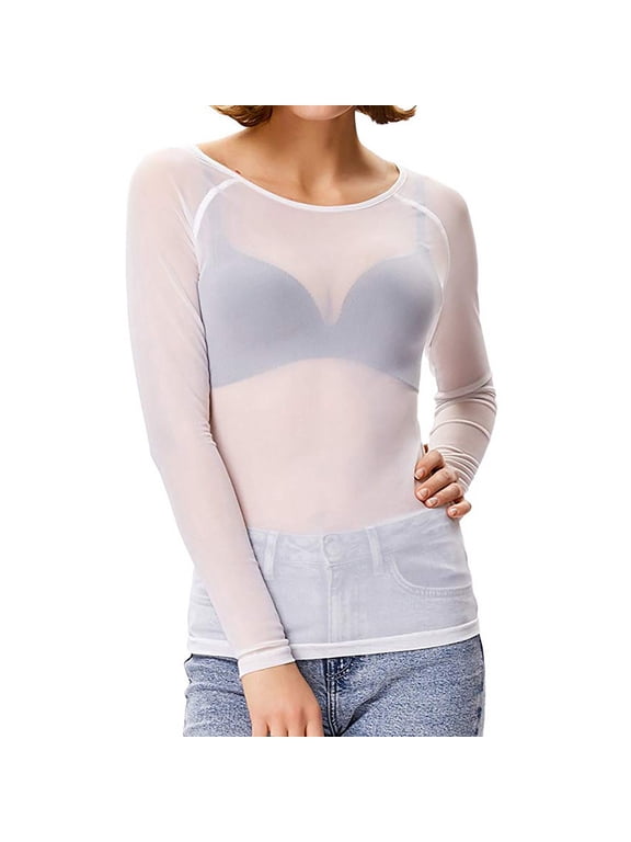 Womens Bottoming Shirt Long Sleeve High Neck Top Sheer Mesh Casual Blouse Base Layer Shirt