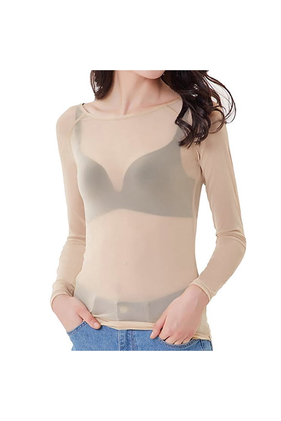 Womens Bottoming Shirt Long Sleeve High Neck Top Sheer Mesh Casual Blouse Fall Base-Layer Shirt