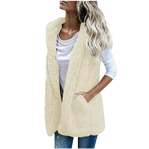 Fesfesfes Womens Casual Fleece Vest Solid Color Outerwear Winter Warm Plush Cardigan Comfy Sleeveless Coat With Pockets