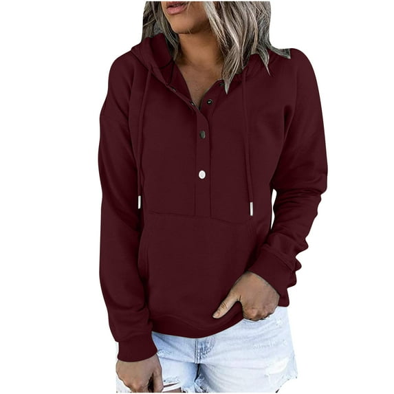Fesfesfes Womens Casual Hoodies Fall Tops Solid Color Long Sleeve Sweatshirt Button Down Drawstring Pullover Top Clearance