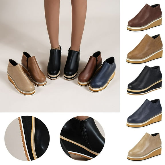 Fesfesfes Womens Casual Shoes Round Toe Retro Flat Bottom Shoes Casual Plus Size Slip On Double Zipper Shoes 35(4.5)