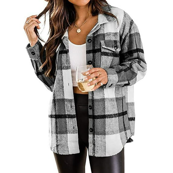 Fesfesfes Womens Coat Flannel Jacket Casual Plaid Buckle Long Sleeved Woolen Shirt Jacket
