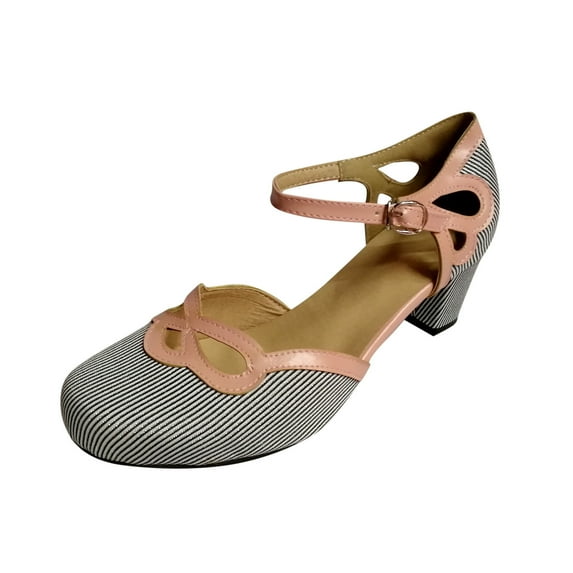Fesfesfes Womens Comfortable Shoes Womens Striped Beach Thick Round Toe High Heel Buckle Hollow Shoes 7(39)