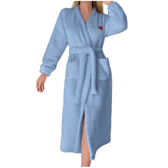 Fesfesfes Womens Cozy Fleece Bathrobe Long Sleeve Robe Soft Plush Homewear for Winter Home Wear Relaxing House Dress with Pockets with Pockets and Belt (Light Blue#2,M)