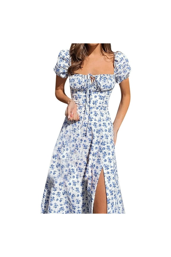Womens Dress Floral Print Low Cut Square Neck Spring Dress Loose Casual Short Sleeve Chiffon Dress Casual Floral Printing Split Long Dress